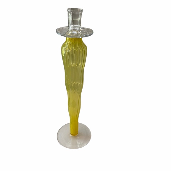 Vintage Wavy Blown Glass Yellow Tall Candlestick